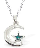 Paua Shell Moon & Star Necklace  Hypoallergenic: Rhodium Plated, Nickel, Lead and Cadmium Free Greeny Blue in colour, Crystal encrusted. 15mm in size See matching earrings P476 Delivered in a soft, black, velveteen pouch