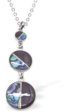 Paua Shell Triple Drop Necklace  Hypoallergenic: Rhodium Plated, Nickel, Lead and Cadmium Free Greeny Blue in colour, Crystal encrusted. 50mm in size See matching earrings P480 Delivered in a soft, black, velveteen pouch