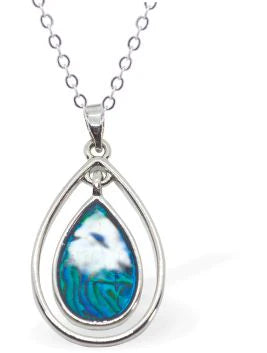 Paua Shell Framed Peardrop Necklace  Hypoallergenic: Rhodium Plated, Nickel, Lead and Cadmium Free Greeny Blue in colour, Crystal encrusted. 24mm in size See matching earrings P481 Delivered in a soft, black, velveteen pouch