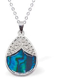 Paua Shell Ornate Teardrop Necklace  Hypoallergenic: Rhodium Plated, Nickel, Lead and Cadmium Free Greeny Blue in colour, Crystal encrusted. 20mm in size See matching earrings P482 Delivered in a soft, black, velveteen pouch