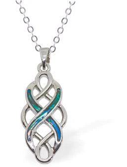 Paua Shell Celtic Drop Necklace  Hypoallergenic: Rhodium Plated, Nickel, Lead and Cadmium Free Greeny Blue in colour, Crystal encrusted. 25mm in size See matching earrings P483 Delivered in a soft, black, velveteen pouch