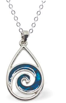 Paua Shell Wave Necklace  Hypoallergenic: Rhodium Plated, Nickel, Lead and Cadmium Free Greeny Blue in colour, Crystal encrusted. 24mm in size See matching earrings P485 Delivered in a soft, black, velveteen pouch