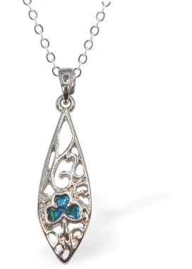 Paua Shell Celtic Design with Clover Necklace  Hypoallergenic: Rhodium Plated, Nickel, Lead and Cadmium Free Greeny Blue in colour, Crystal encrusted. 24mm in size See matching earrings P486 Delivered in a soft, black, velveteen pouch