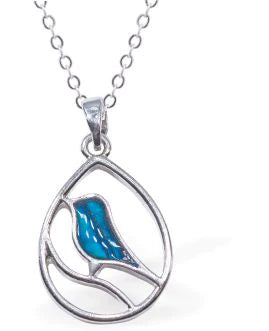Paua Shell Bird in Teardrop Frame Necklace  Hypoallergenic: Rhodium Plated, Nickel, Lead and Cadmium Free Greeny Blue in colour, Crystal encrusted. 20mm in size See matching earrings P488 Delivered in a soft, black, velveteen pouch