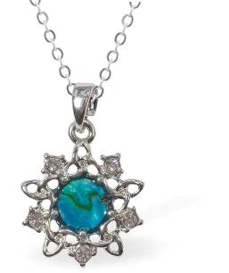 Paua Shell Celtic Flower Necklace  Hypoallergenic: Rhodium Plated, Nickel, Lead and Cadmium Free Greeny Blue in colour, Crystal encrusted. 15mm in size See matching earrings P490 Delivered in a soft, black, velveteen pouch