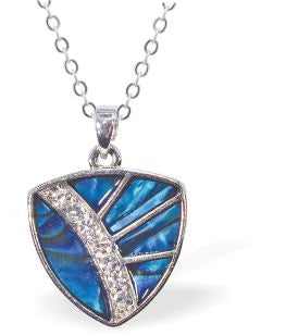 Paua Shell Ornate Triangle Necklace  Hypoallergenic: Rhodium Plated, Nickel, Lead and Cadmium Free Greeny Blue in colour 20mm in size See matching earrings P492 Delivered in a soft, black, velveteen pouch