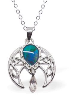 Paua Shell Celtic Wings Necklace  Hypoallergenic: Rhodium Plated, Nickel, Lead and Cadmium Free Greeny Blue in colour 20mm in size See matching earrings P499 Delivered in a soft, black, velveteen pouch