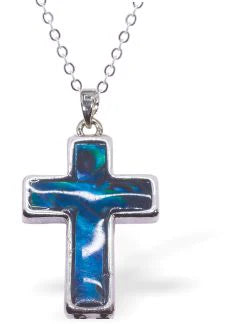 Paua Shell Cross Necklace  Hypoallergenic: Rhodium Plated, Nickel, Lead and Cadmium Free Greeny Blue in colour 18mm in size Delivered in a soft, black, velveteen pouch