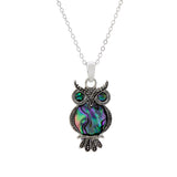 Natural Paua Shell Cute Owl Necklace, Rhodium Plated