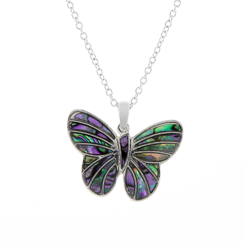 Natural Paua Shell Beautiful Butterfly Necklace, by Byzantium. Rhodium Plated and 25mm in size