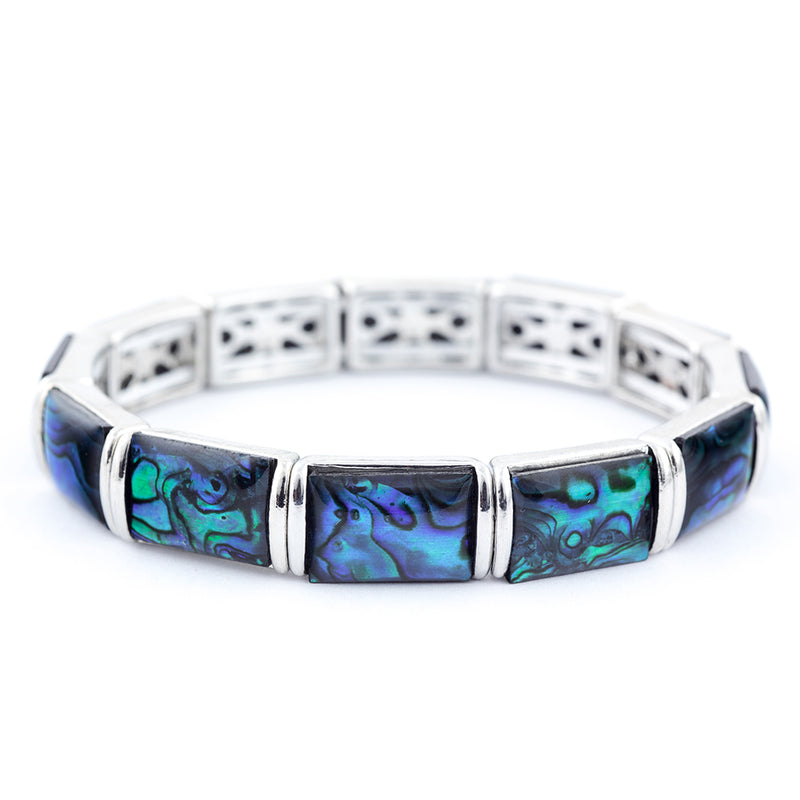 Natural Paua Shell Rectangular Link Stretch Bracelet by Byzantium, Rhodium Plated