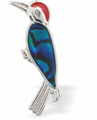 Paua Shell Elegant Red Plumed Woodpecker Brooch by Byzantium, 45mm in size, Rhodium Plated