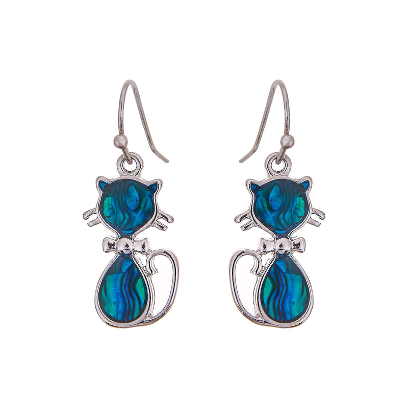 Paua Shell Kitty Cat Drop Earrings 15 mm in size  - 18" Chain Rhodium Plated, hypoallergenic Nickel, Lead and Cadmium free Delivered in a soft, black, velveteen pouch