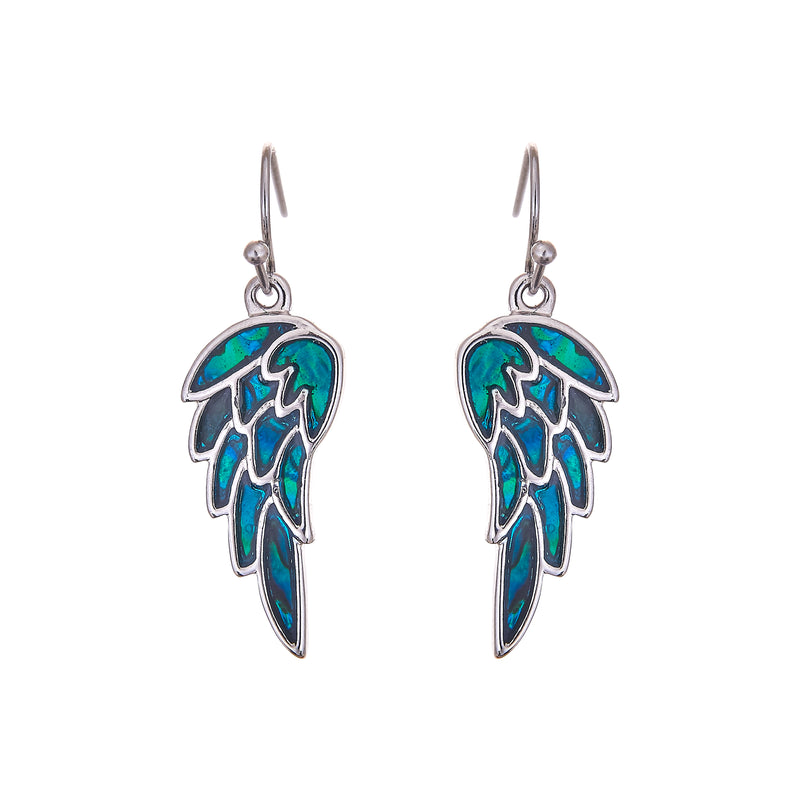 Natural Paua Shell from New Zealand Angel Wings Drop Earrings, Rhodium Plated