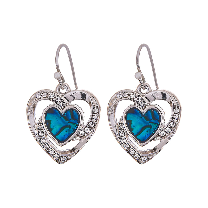 Natural Paua Shell from New Zealand Crystal Framed Heart Drop Earrings 20 mm in size, Rhodium Plated