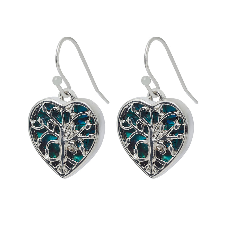 Paua Shell Tree of Life Coy Heart Drop Earrings