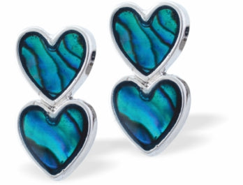 Paua Shell Double Heart Stud / Drop Earrings, 15mm in size, Rhodium Plated