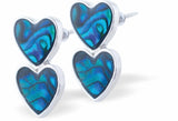Paua Shell Double Heart Stud / Drop Earrings, 15mm in size, Rhodium Plated