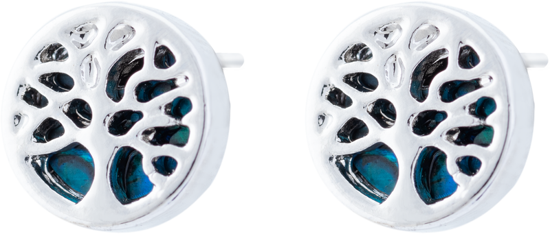 Paua Shell Tree of Life Round Stud Earrings, 12mm in size, rhodium plated