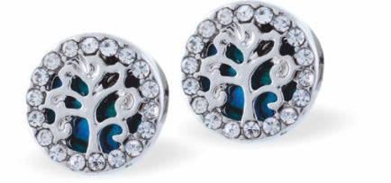 Paua Shell Tree of Life Round Stud Earrings with crystal inlay, 12mm in size, rhodium plated