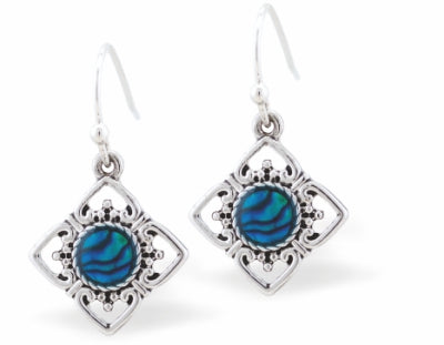 Paua Shell Antique Sunburst Drop Earrings, 15mm in size, rhodium plated