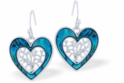 Paua Shell Heart Framed Tree of Life Drop Earrings, Rhodium Plated