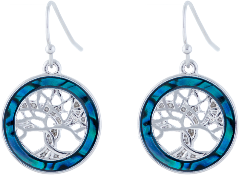 Paua Shell Circle with Tree of Life Drop Earrings, Rhodium Plated