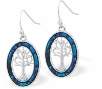 Paua Shell Oval Framed Tree of Life Drop Earrings, Rhodium Plated