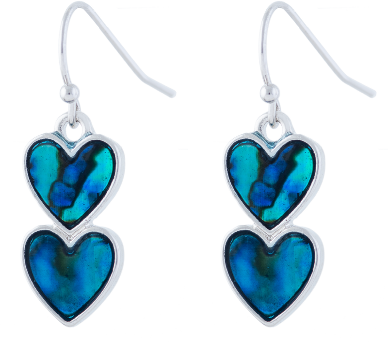 Paua Shell Double Heart Drop Earrings, Rhodium Plated