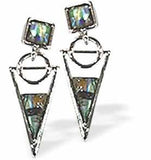 Natural Paua Shell Triangular Spike Drop Earrings, Rhodium Plated, 24mm in size