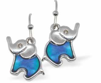 Paua Shell Cute Baby Elephant Drop Earrings, by Byzantium. Rhodium Plated, 14mm in size