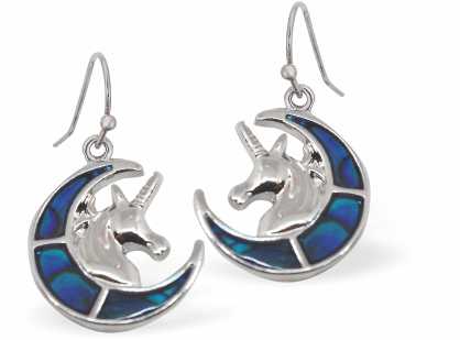 Paua Shell Crescent Moon with Unicorn Drop Earrings, by Byzantium