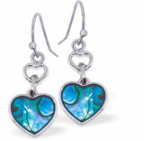Paua Shell Heart Drop Earrings, with Heart Links. Rhodium Plated