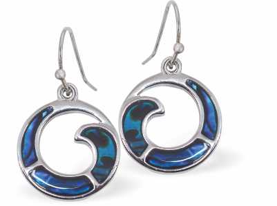 Paua Shell Ocean Wave Drop Earrings, by Byzantium. Rhodium Plated,  15mm in size