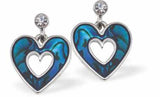 Paua Shell Hollow Heart Drop Earrings with Crystal Link. Rhodium Plated