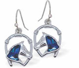 Paua Shell Lucky Horse with Horseshoe Frame Drop Earrings, by Byzantium. Rhodium Plated,  18mm in size