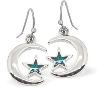 Paua Shell Moon & Star Drop Earrings 15mm in size Rhodium Plated, hypoallergenic Nickel, Lead and Cadmium free See Matching Earrings P1426 Delivered in a soft, black, velveteen pouch