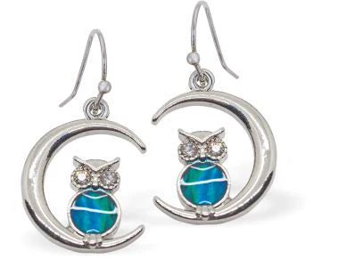 Paua Shell Owl in the Moon Drop Earrings 20mm in size Rhodium Plated, hypoallergenic Nickel, Lead and Cadmium free See Matching Earrings P1427 Delivered in a soft, black, velveteen pouch