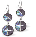Paua Shell Triple Drops Drop Earrings 28mm in size Rhodium Plated, hypoallergenic Nickel, Lead and Cadmium free See Matching Earrings P1430 Delivered in a soft, black, velveteen pouch