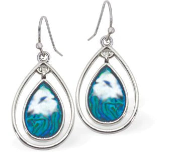 Paua Shell Framed Peardrop Drop Earrings 20mm in size Rhodium Plated, hypoallergenic Nickel, Lead and Cadmium free See Matching Earrings P1431 Delivered in a soft, black, velveteen pouch
