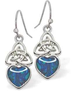 Paua Shell Celtic Heart Drop Earrings 18mm in size Rhodium Plated, hypoallergenic Nickel, Lead and Cadmium free See Matching Earrings P1434 Delivered in a soft, black, velveteen pouch