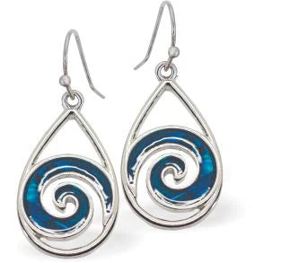 Paua Shell Wave Drop Earrings 20mm in size Rhodium Plated, hypoallergenic Nickel, Lead and Cadmium free See Matching Earrings P1435 Delivered in a soft, black, velveteen pouch