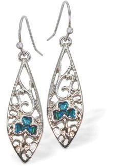 Paua Shell Wave Drop Earrings 24mm in size Rhodium Plated, hypoallergenic Nickel, Lead and Cadmium free See Matching Earrings P1436 Delivered in a soft, black, velveteen pouch  