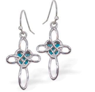 Paua Shell Cross with Heart Drop Earrings 24mm in size Rhodium Plated, hypoallergenic Nickel, Lead and Cadmium free See Matching Earrings P1437 Delivered in a soft, black, velveteen pouch  