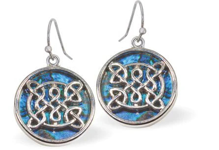 Paua Shell Celtic Round Drop Earrings 20mm in size Rhodium Plated, hypoallergenic Nickel, Lead and Cadmium free See Matching Earrings P1439 Delivered in a soft, black, velveteen pouch