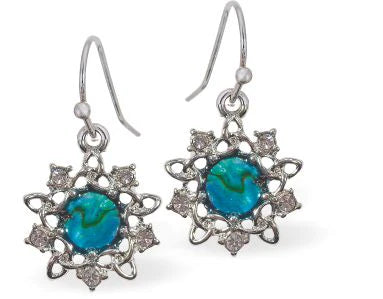 Paua Shell Celtic Flower Drop Earrings 15mm in size Rhodium Plated, hypoallergenic Nickel, Lead and Cadmium free See Matching Earrings P1440 Delivered in a soft, black, velveteen pouch