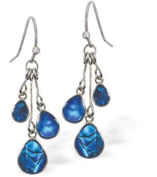Paua Shell Triple Drop Drop Earrings 30mm in size Rhodium Plated, hypoallergenic Nickel, Lead and Cadmium free See Matching Earrings P1441 Delivered in a soft, black, velveteen pouch