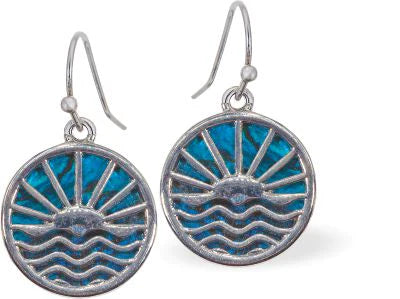 Paua Shell Sunset Drop Earrings 15mm in size Rhodium Plated, hypoallergenic Nickel, Lead and Cadmium free See Matching Earrings P1443 Delivered in a soft, black, velveteen pouch