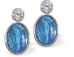 Paua Shell Oval with Crystal Double Drop Earrings 18mm in size Rhodium Plated, hypoallergenic Nickel, Lead and Cadmium free See Matching Earrings P1444 Delivered in a soft, black, velveteen pouch