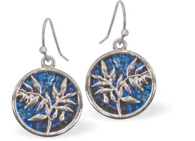 Paua Shell Leaf Drop Earrings 15mm in size Rhodium Plated, hypoallergenic Nickel, Lead and Cadmium free See Matching Earrings P1445 Delivered in a soft, black, velveteen pouch